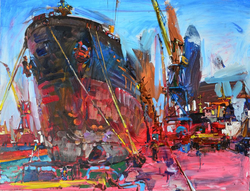 Urban seascape with a ship by Andrii