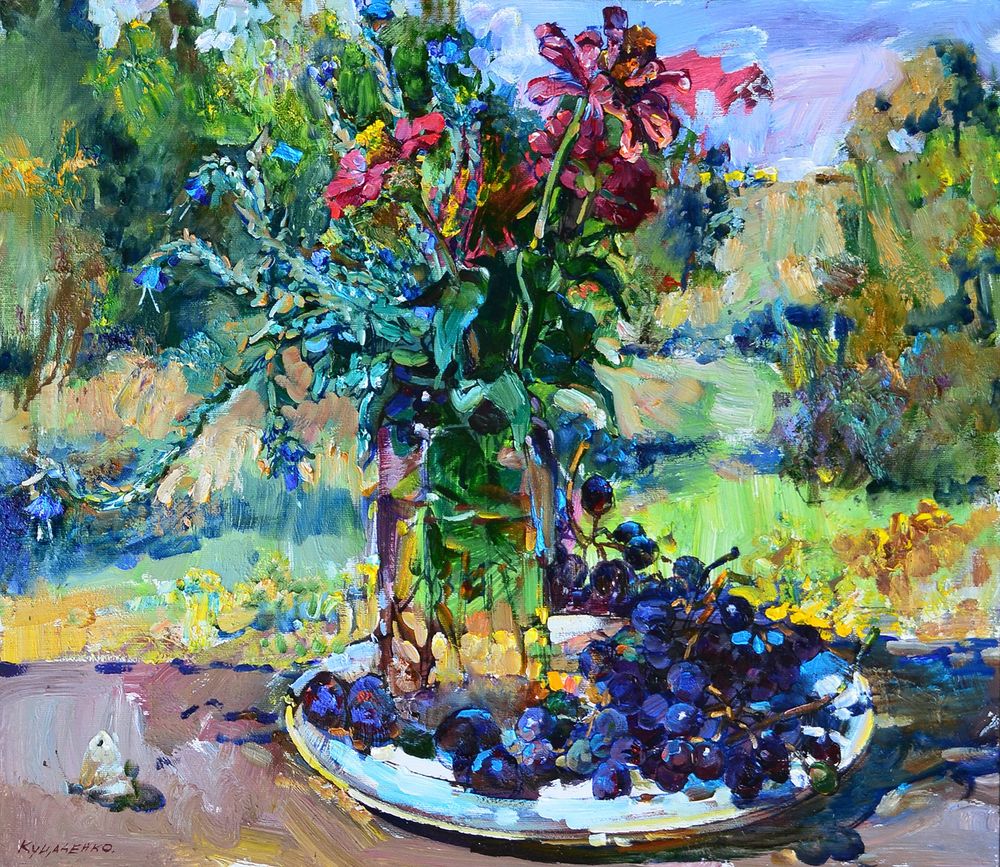 Beautiful still life with flowers and grapes by Andrii