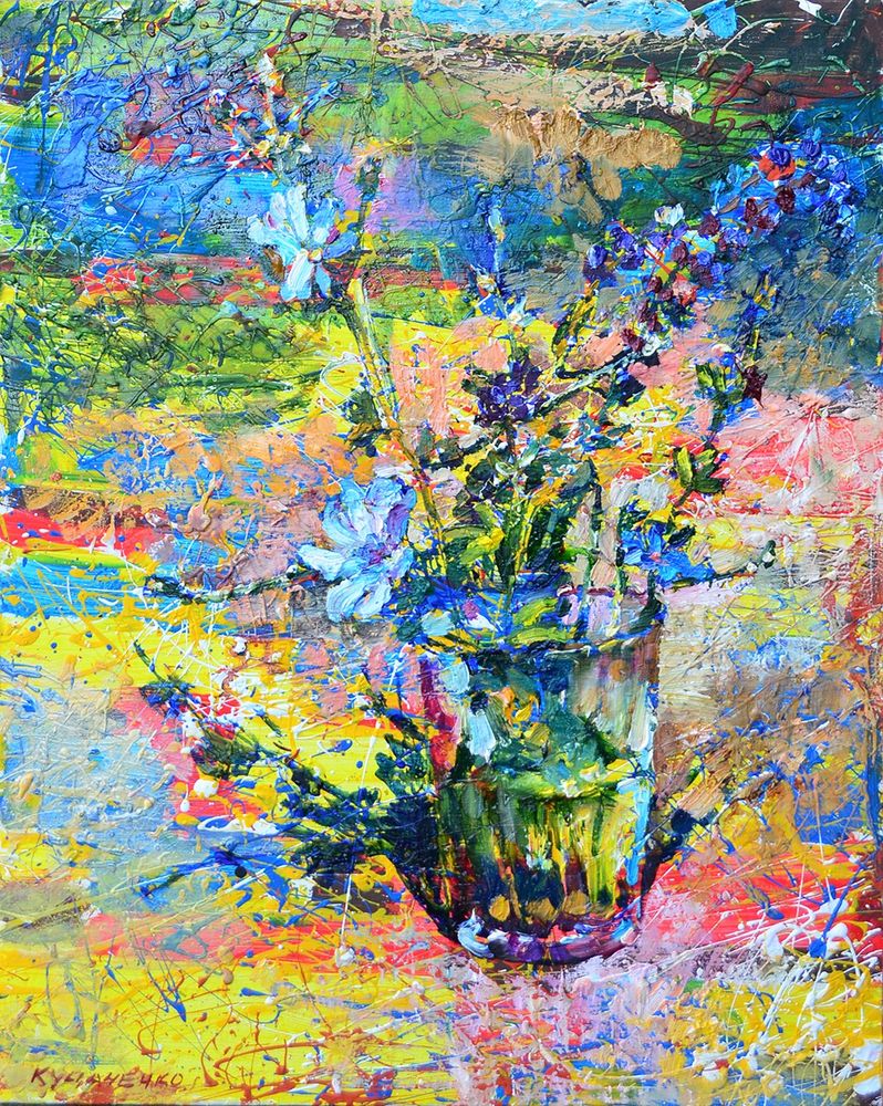 Multi-colored still life with blue wildflowers. by Andrii